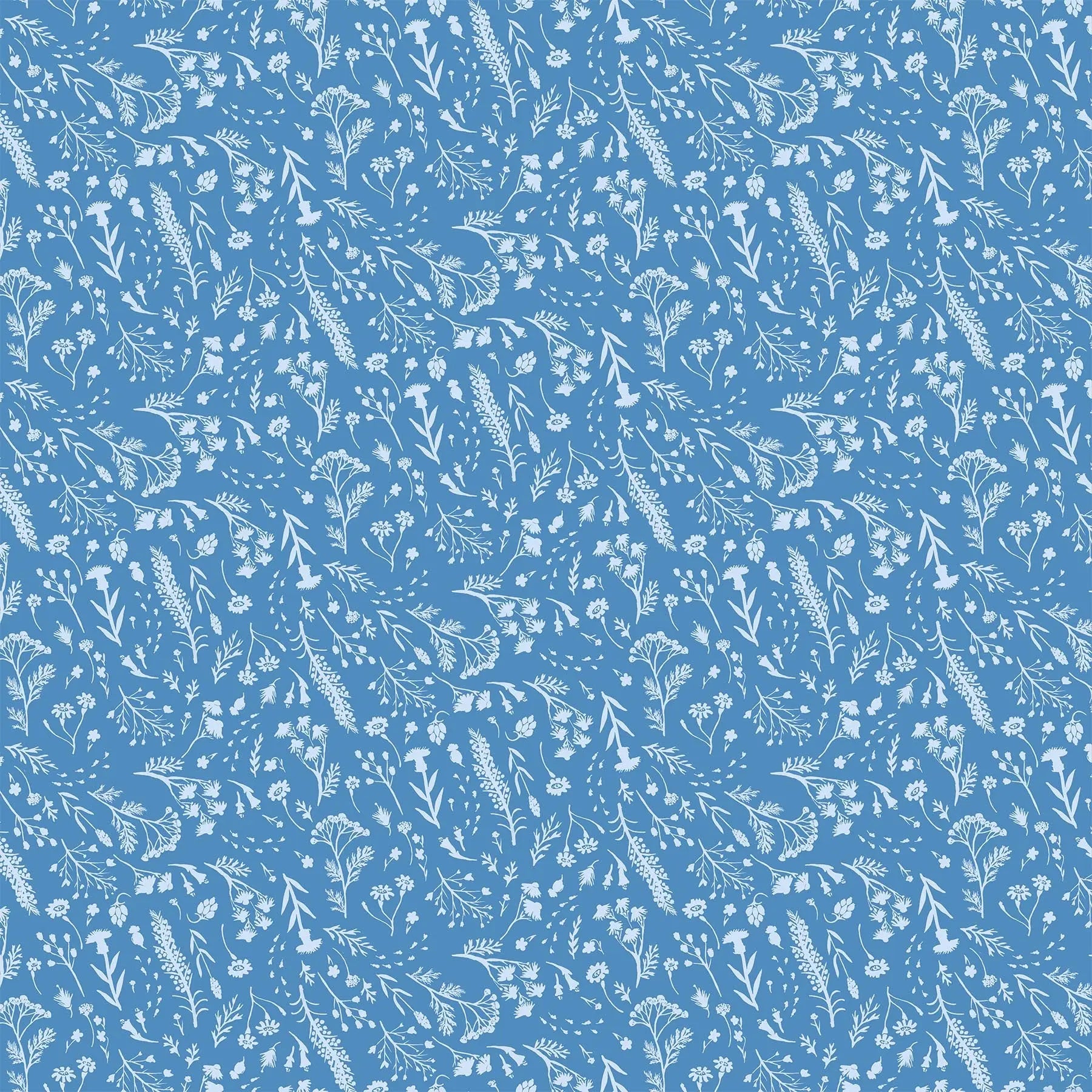 blue colored fabric with flowers and foliage illustrations in white.  typically used for quilting and crafting. from Eden from FIGO Fabrics 