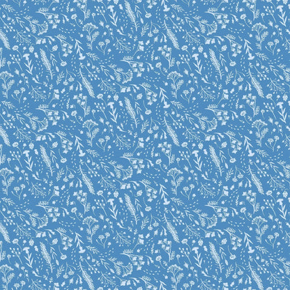 blue colored fabric with flowers and foliage illustrations in white.  typically used for quilting and crafting. from Eden from FIGO Fabrics 