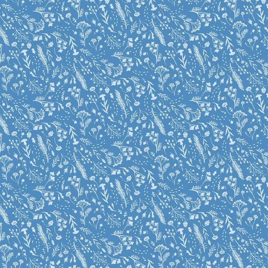 blue colored fabric with flowers and foliage illustrations in white.  typically used for quilting and crafting. from Eden from FIGO Fabrics 