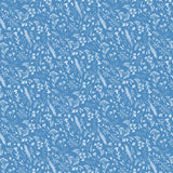blue colored fabric with flowers and foliage illustrations in white.  typically used for quilting and crafting. from Eden from FIGO Fabrics 