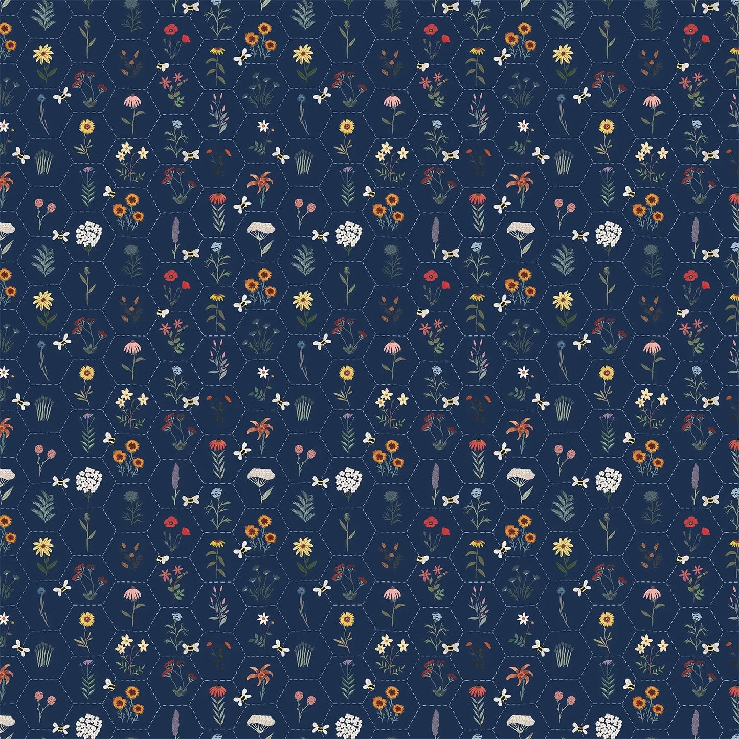 blue colored fabric with a hexagon grid and flower illustrations.  typically used for quilting and crafting. from Eden from FIGO Fabrics 