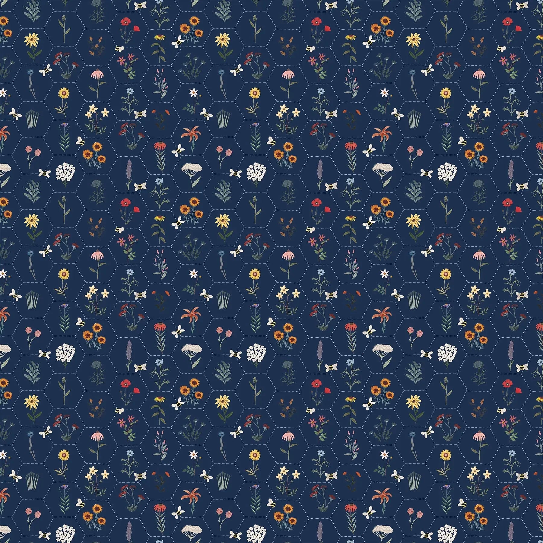 blue colored fabric with a hexagon grid and flower illustrations.  typically used for quilting and crafting. from Eden from FIGO Fabrics 