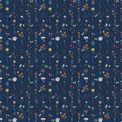 blue colored fabric with a hexagon grid and flower illustrations.  typically used for quilting and crafting. from Eden from FIGO Fabrics 