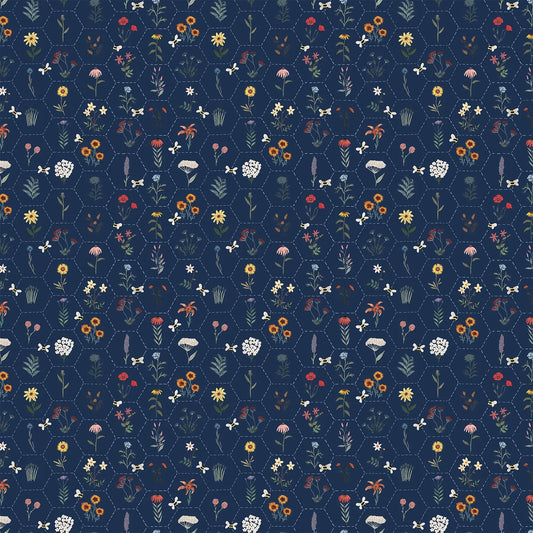 blue colored fabric with a hexagon grid and flower illustrations.  typically used for quilting and crafting. from Eden from FIGO Fabrics 