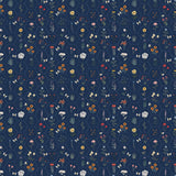 blue colored fabric with a hexagon grid and flower illustrations.  typically used for quilting and crafting. from Eden from FIGO Fabrics 