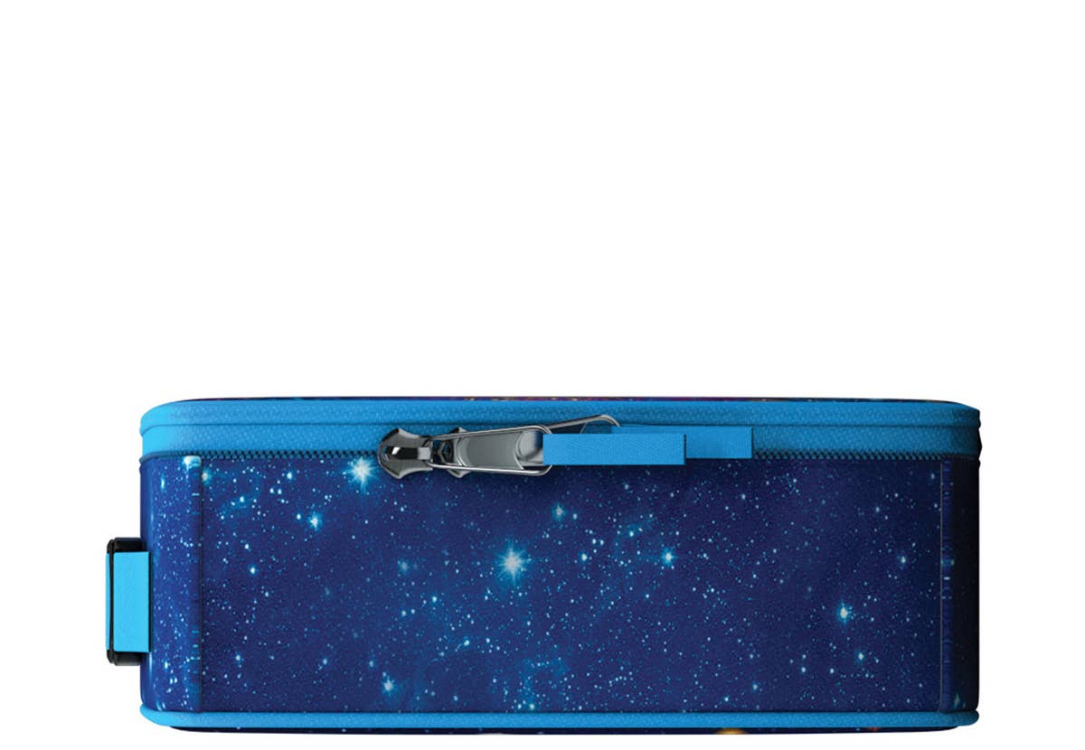 Blue lunch bag with star pattern on a white background