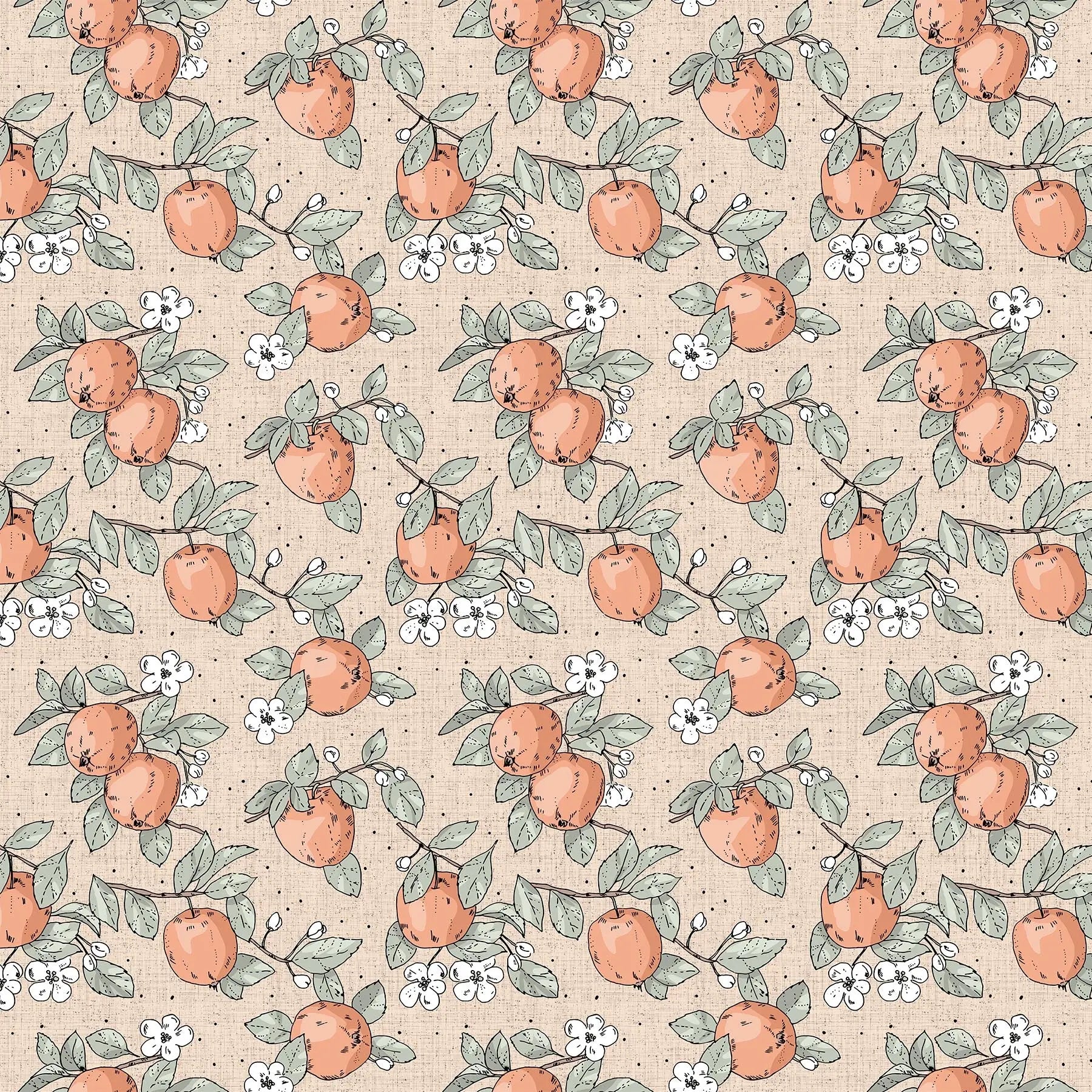 Fabric with a light blush background with apple illustration design. from Klara FIGO Fabrics fat quarter bundle Bernadett Urbanovics 