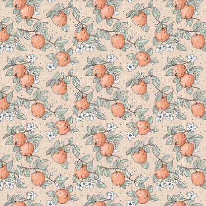 Fabric with a light blush background with apple illustration design. from Klara FIGO Fabrics fat quarter bundle Bernadett Urbanovics 