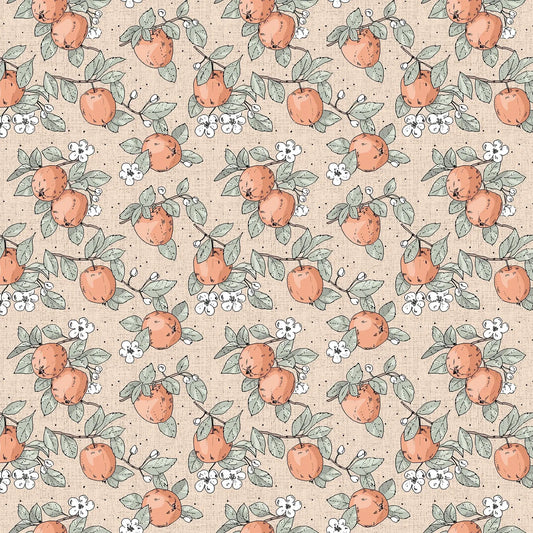 Fabric with a light blush background with apple illustration design. from Klara FIGO Fabrics fat quarter bundle Bernadett Urbanovics 