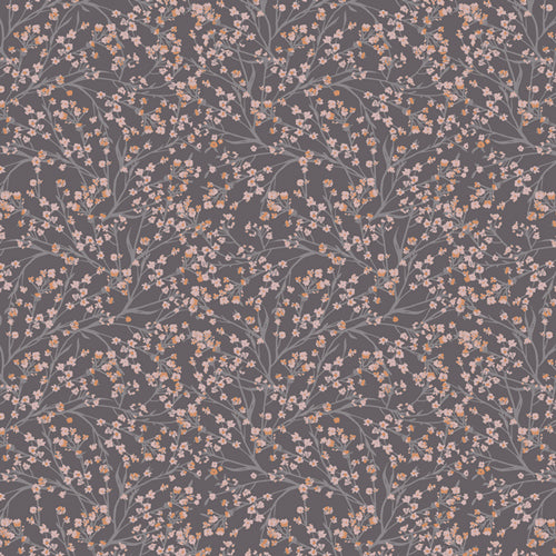 Floral patterned fabric with small flowers and leaves on a dark gray background from Soar by Katerina Roccella Art Gallery Fabrics premium cotton for sewing and crafting.