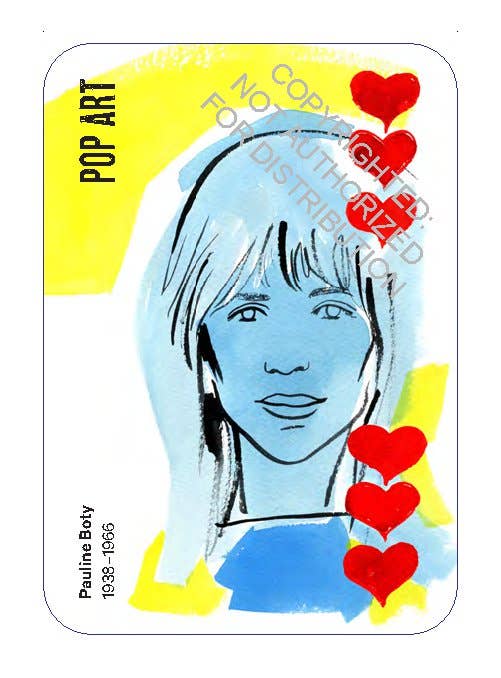 Pop art-style illustration of a woman's face with red hearts on a yellow background