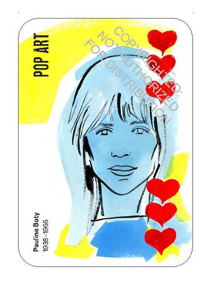 Pop art-style illustration of a woman's face with red hearts on a yellow background