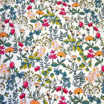Pattern of colorful flowers and leaves on a white background. dress and blouse material