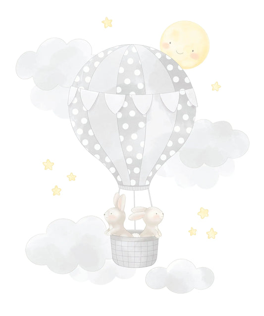 A flannel panel featuring an illustration of two cartoon bunny figures in a hot air balloon against a cloudy sky background with stars.