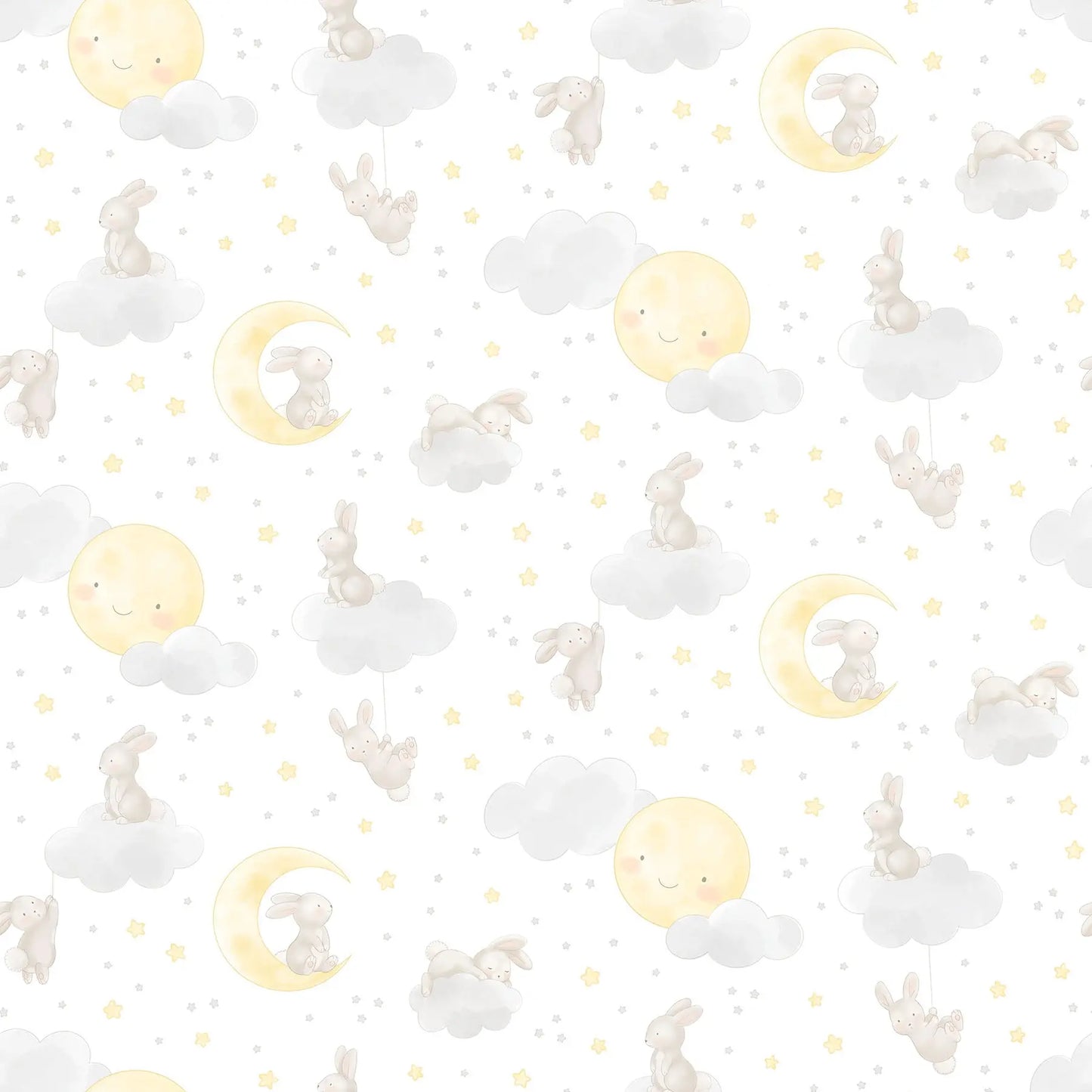 a white flannel fabric with a bunny moons and stars illustrations. from FIGO Fabrics line Snuggle Bunny. 100% Cotton for quilting and crafting