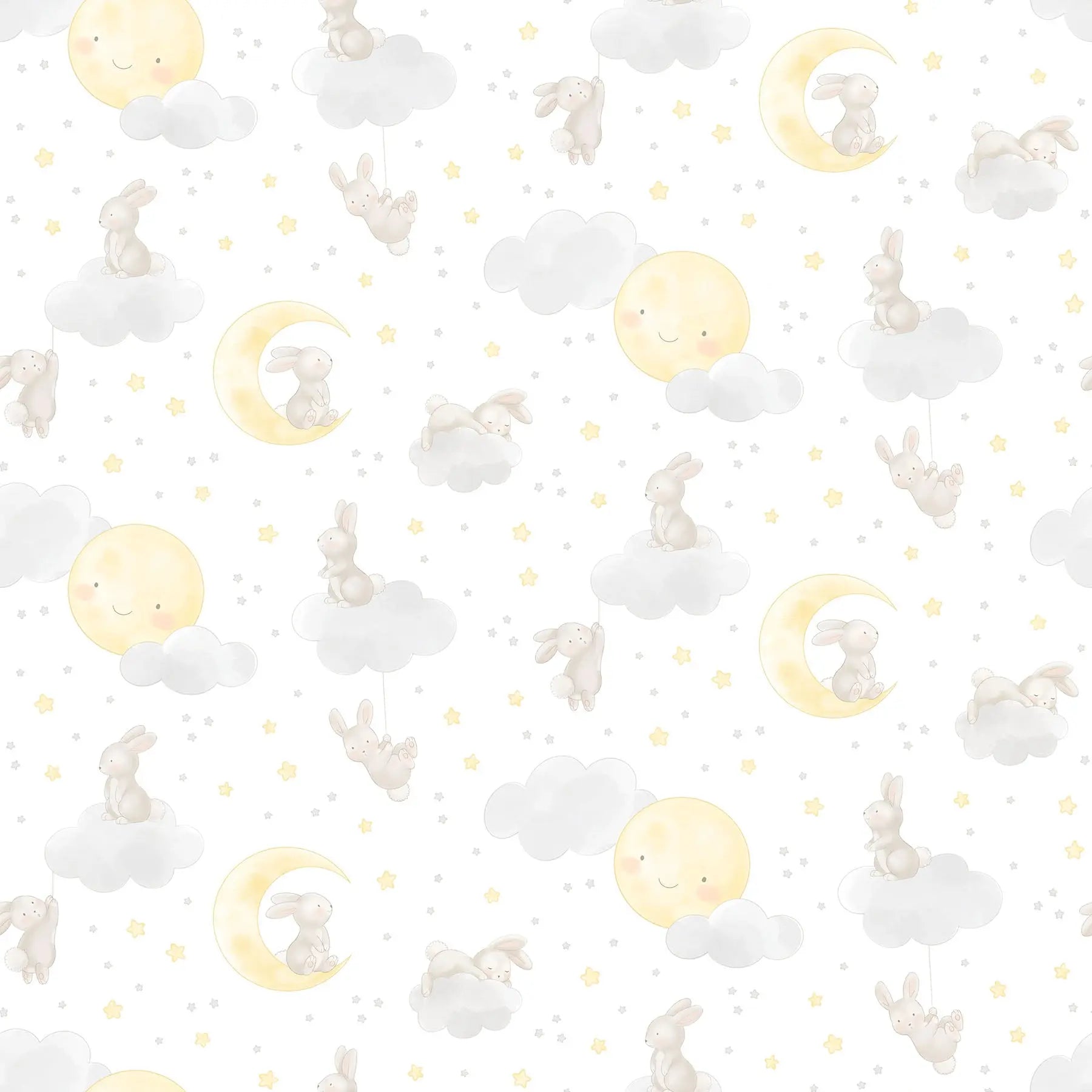a white flannel fabric with a bunny moons and stars illustrations. from FIGO Fabrics line Snuggle Bunny. 100% Cotton for quilting and crafting