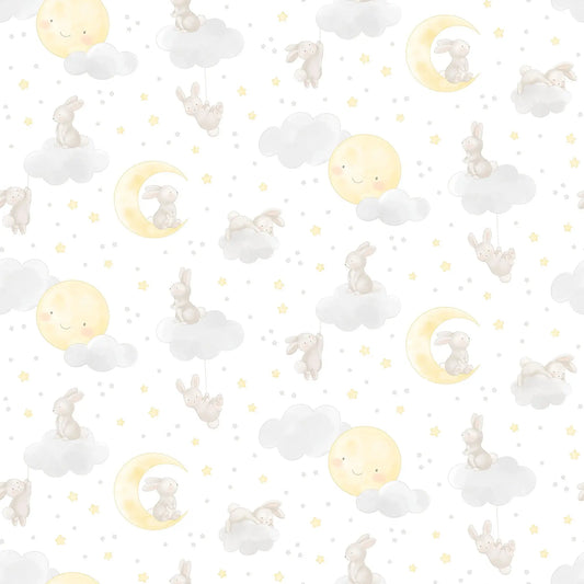 a white flannel fabric with a bunny moons and stars illustrations. from FIGO Fabrics line Snuggle Bunny. 100% Cotton for quilting and crafting