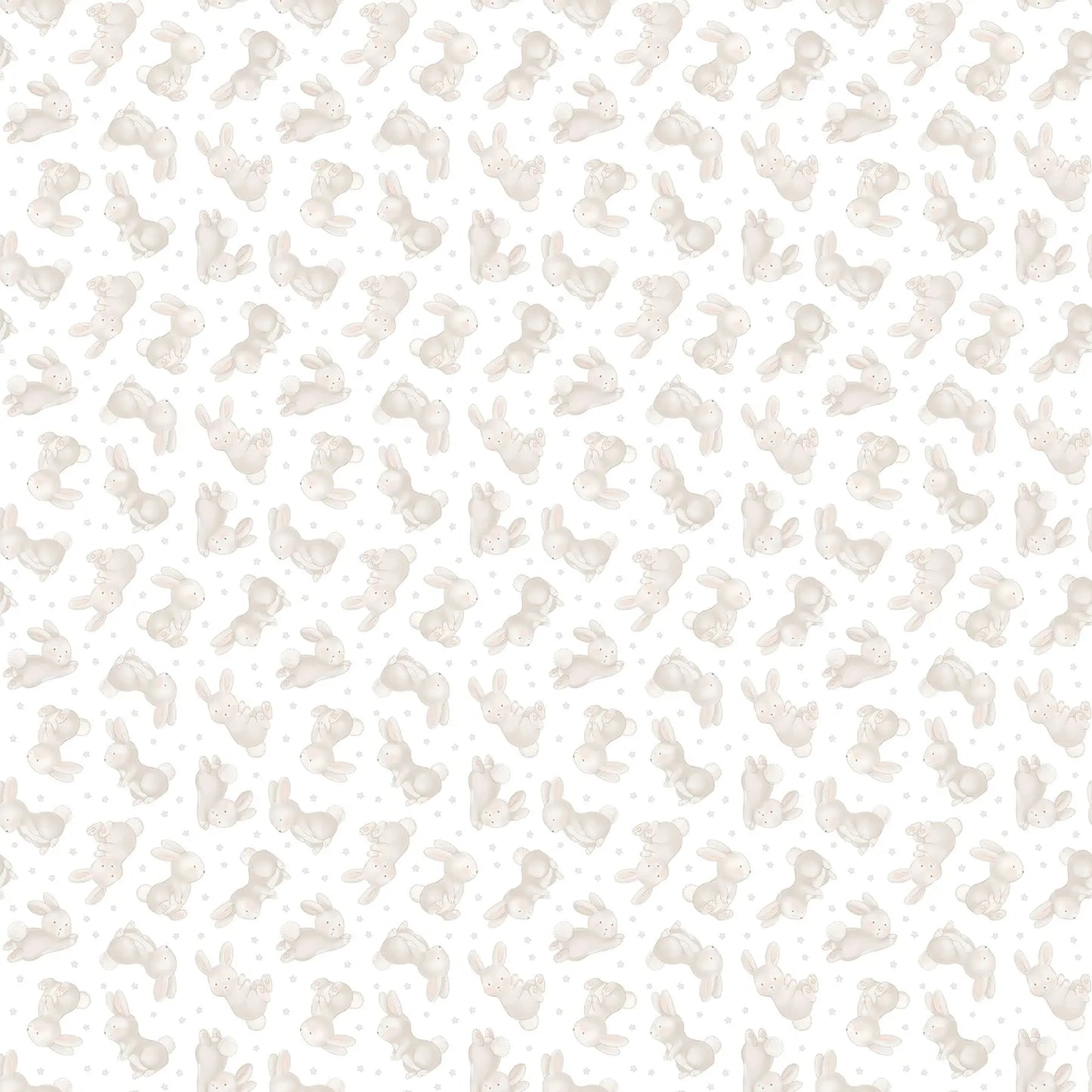 a white flannel fabric with a bunny illustrations. from FIGO Fabrics line Snuggle Bunny. 100% Cotton for quilting and crafting