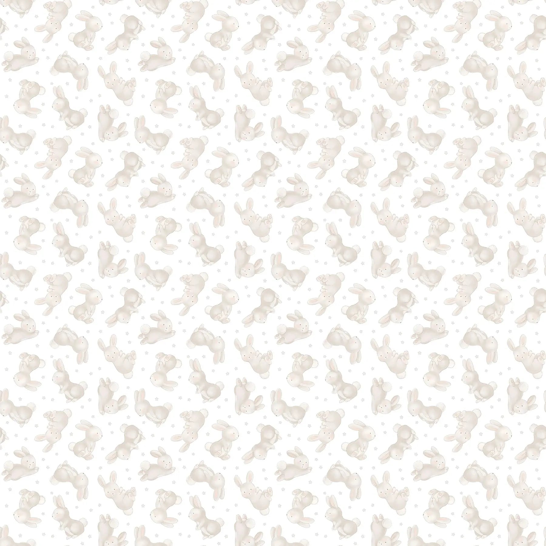 a white flannel fabric with a bunny illustrations. from FIGO Fabrics line Snuggle Bunny. 100% Cotton for quilting and crafting