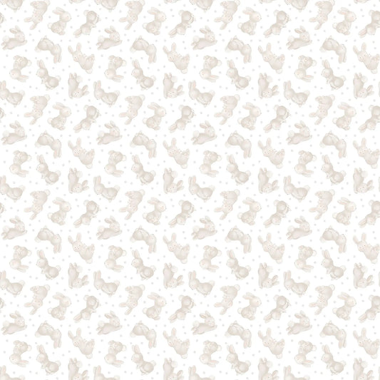 a white flannel fabric with a bunny illustrations. from FIGO Fabrics line Snuggle Bunny. 100% Cotton for quilting and crafting