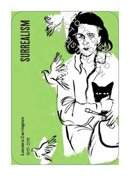 Surrealism-themed card with a stylized illustration of a woman holding a cat, on a green background.