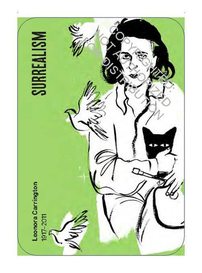 Surrealism-themed card with a stylized illustration of a woman holding a cat, on a green background.