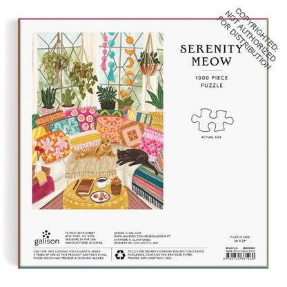 Puzzle box with a colorful illustration of a living room scene featuring cats and plants, labeled 'Serenity Meow'.