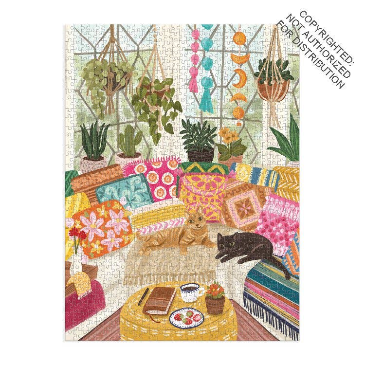 Colorful illustration of a cozy living room with cats, plants, and decorative items.