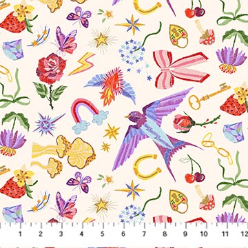Once Upon a Charm quilting cotton by FIGO Fabrics with colourful whimsical charms on a light background