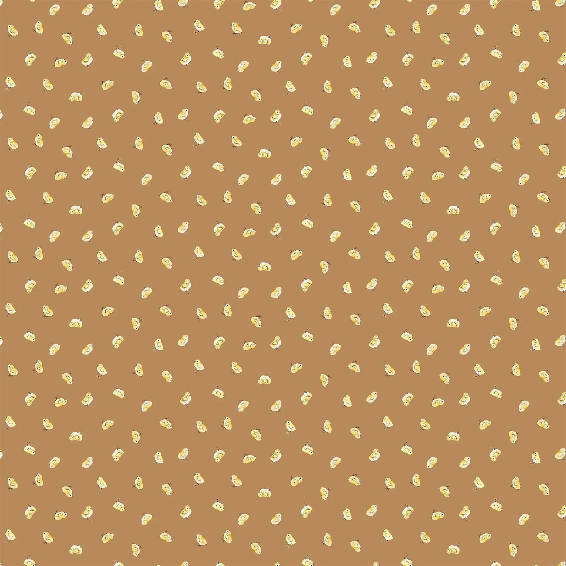 tan colored fabric with small chick illustrations.  typically used for quilting and crafting. from Country Side Comforts from FIGO Fabrics 