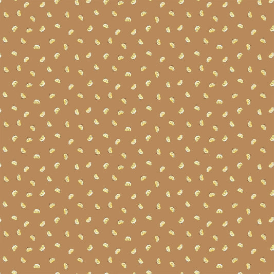 tan colored fabric with small chick illustrations.  typically used for quilting and crafting. from Country Side Comforts from FIGO Fabrics 