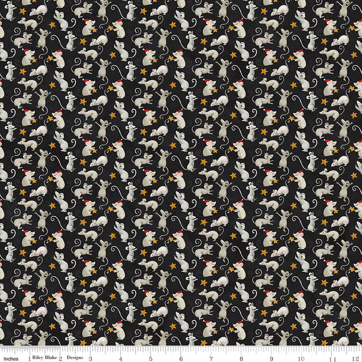 Pattern of rats and stars on a black background with a ruler at the bottom.
