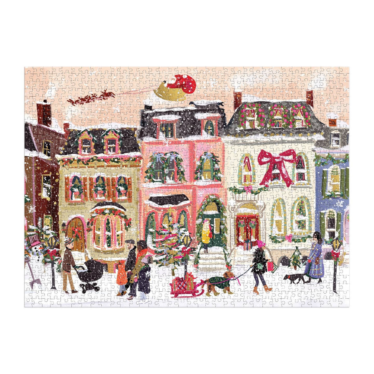 Christmas-themed puzzle with snowy village scene and festive buildings.
