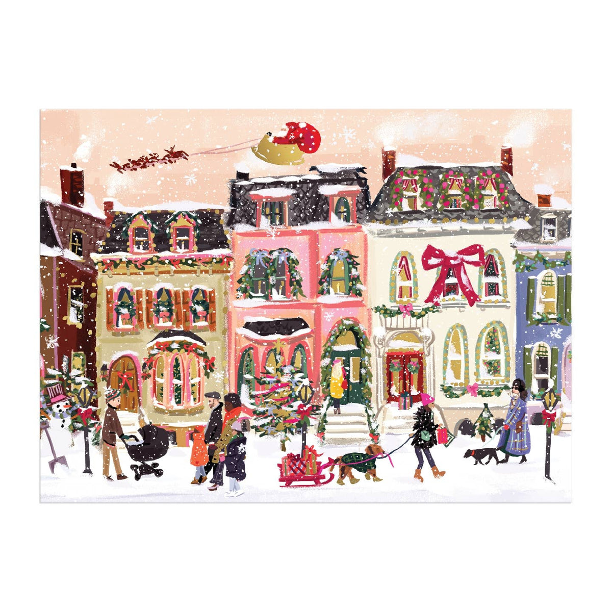 Illustration of a snowy village scene with people and festive buildings.