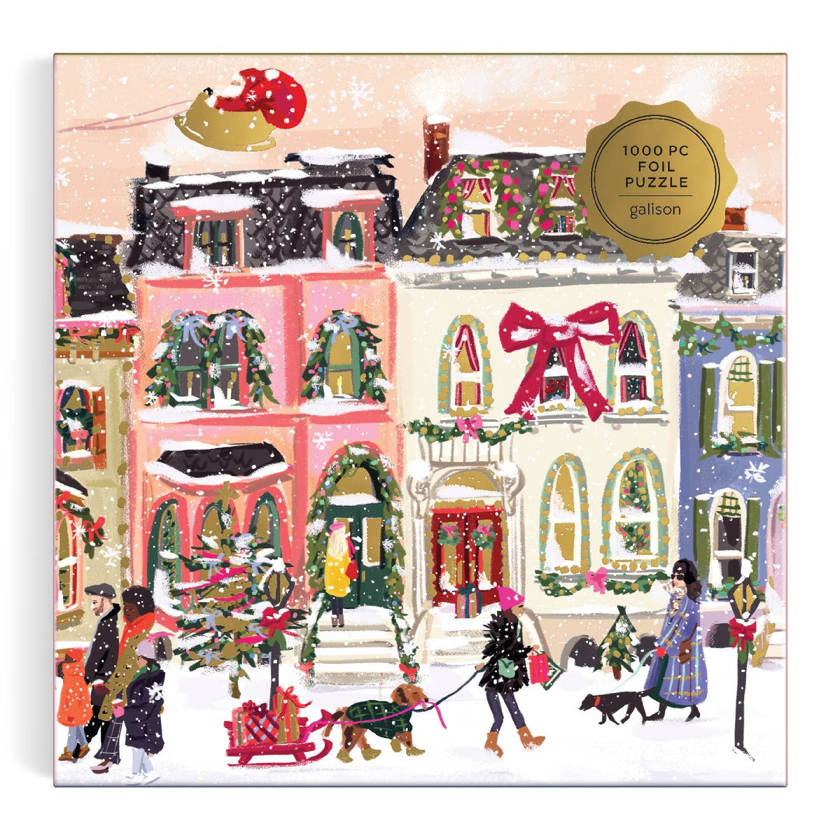 Foil puzzle packaging with festive winter scene, colorful buildings, and people.