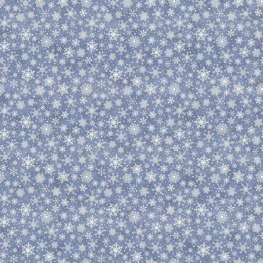 a blue flannel fabric with a snowflake illustrations. from FIGO Fabrics line Little Donkey's Christmas. 100% Cotton for quilting and crafting