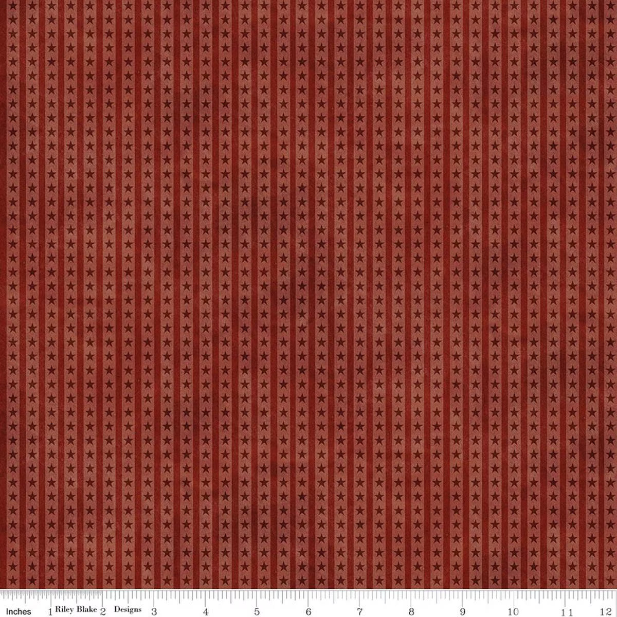 Red fabric with small star pattern, measuring 12 inches wide.