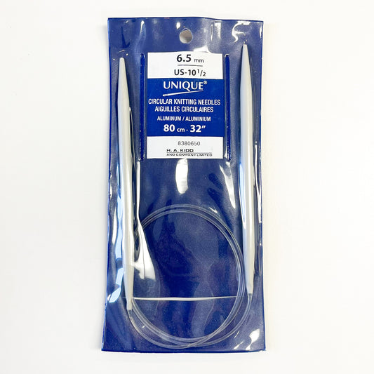 A package of UNIQUE 6.5 mm circular knitting needles, 80 cm (32 inches), made of aluminum.
