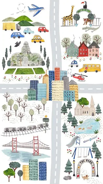 Children's fabric panel with various illustrations including cars, animals, and landmarks on a white background. Panel for quilt or decorative wall hanging