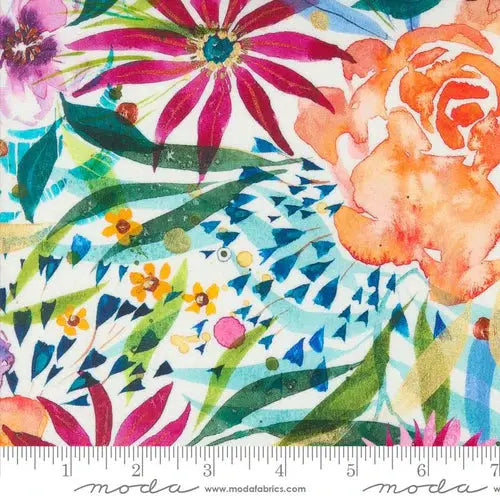 Colorful floral pattern with a ruler at the bottom for scale, featuring Moda Fabrics branding. 100% Rayon Fabric for sewing blouses, dresses, flowing. 