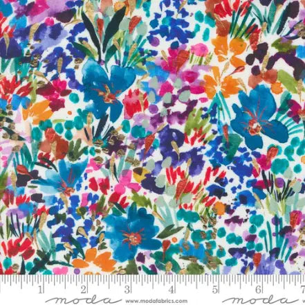 Colorful floral fabric pattern with a ruler at the bottom for scale. 100% Rayon Fabric for sewing blouses, dresses, flowing. 