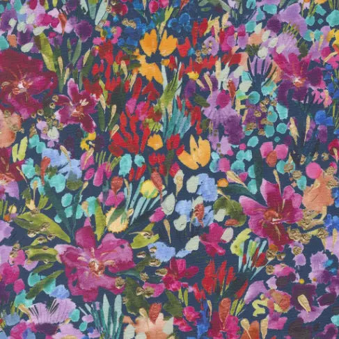 Colorful floral pattern on a dark background. 100% Rayon Fabric for sewing blouses, dresses, flowing. 