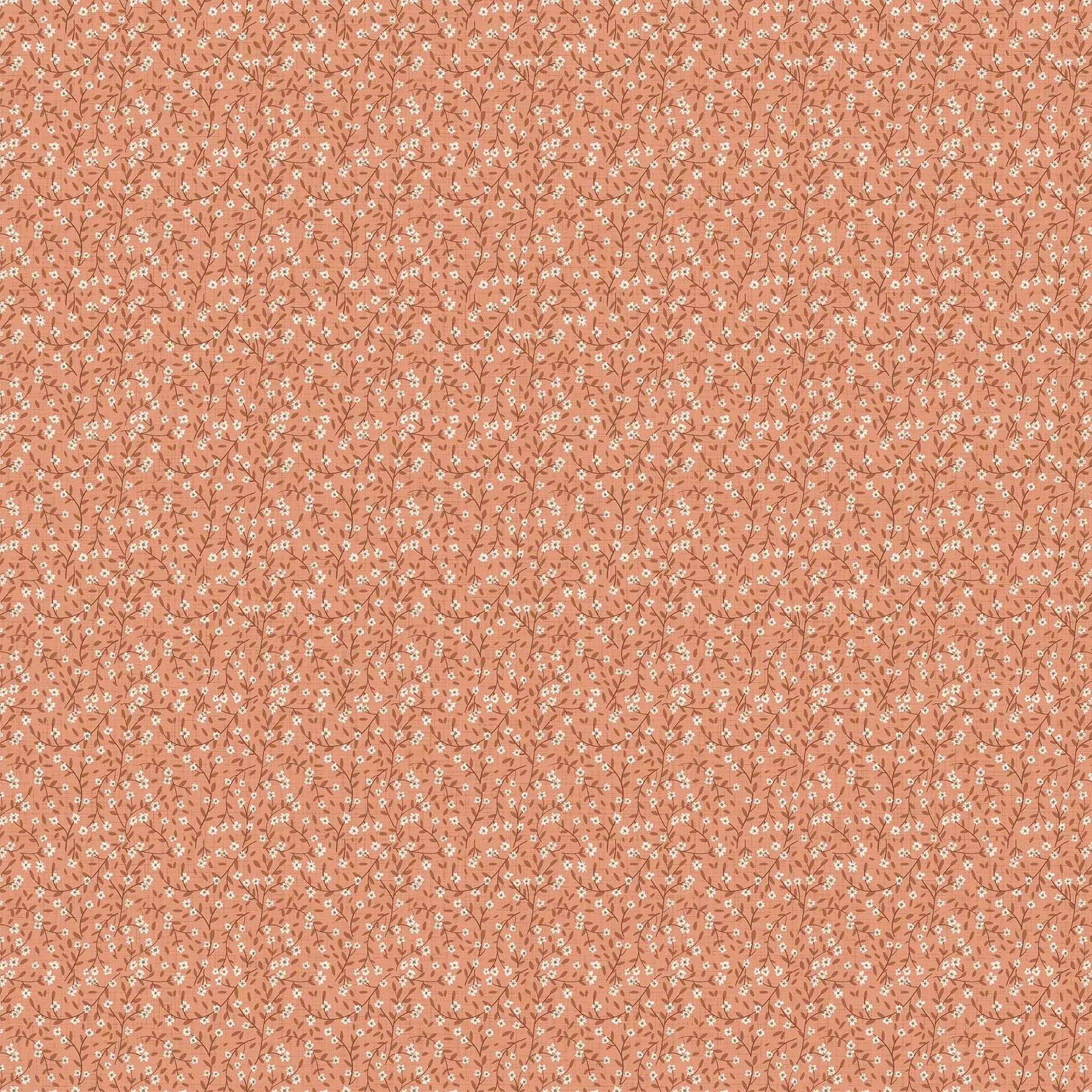 Fabric with a light coral background with ditsy floral illustration design. from Klara FIGO Fabrics fat quarter bundle Bernadett Urbanovics 