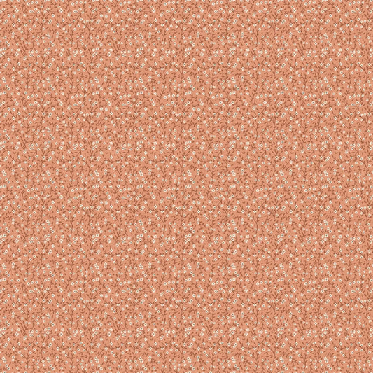 Fabric with a light coral background with ditsy floral illustration design. from Klara FIGO Fabrics fat quarter bundle Bernadett Urbanovics 