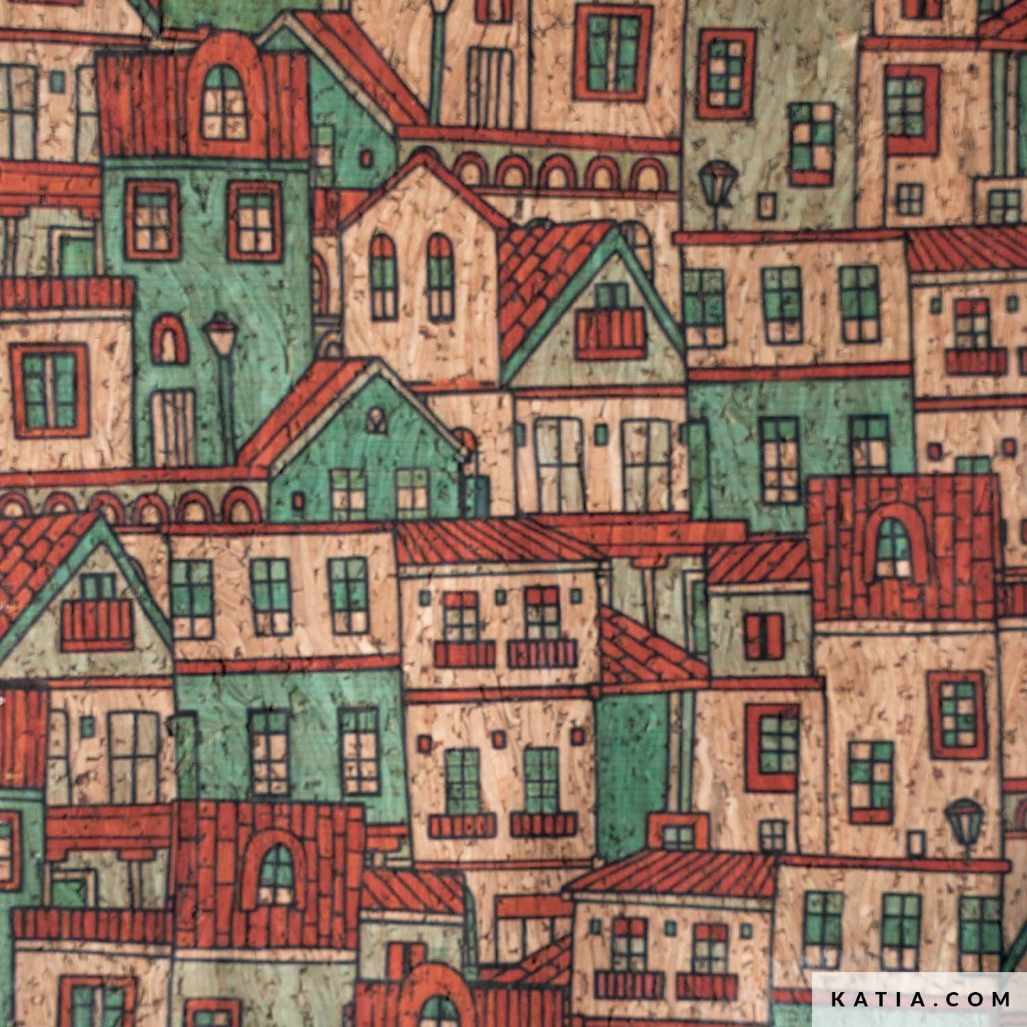 Pattern of colorful houses with 'KATIA.COM' branding at the bottom.