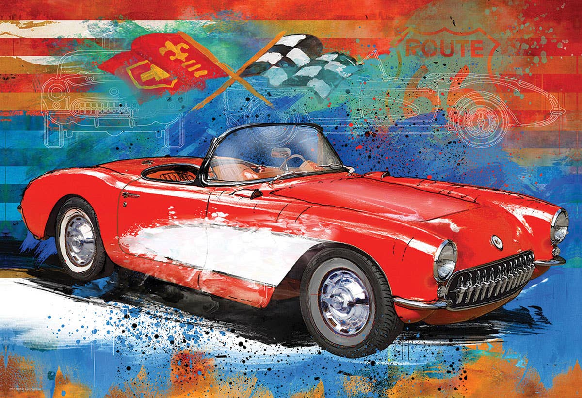 Red vintage car on a colorful abstract background with racing flags.