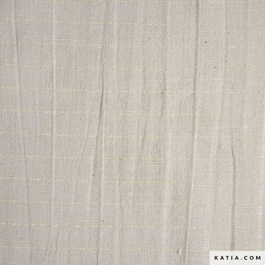 Close up of a beige or linen colour cotton fabric with a light gold contrast thread. 