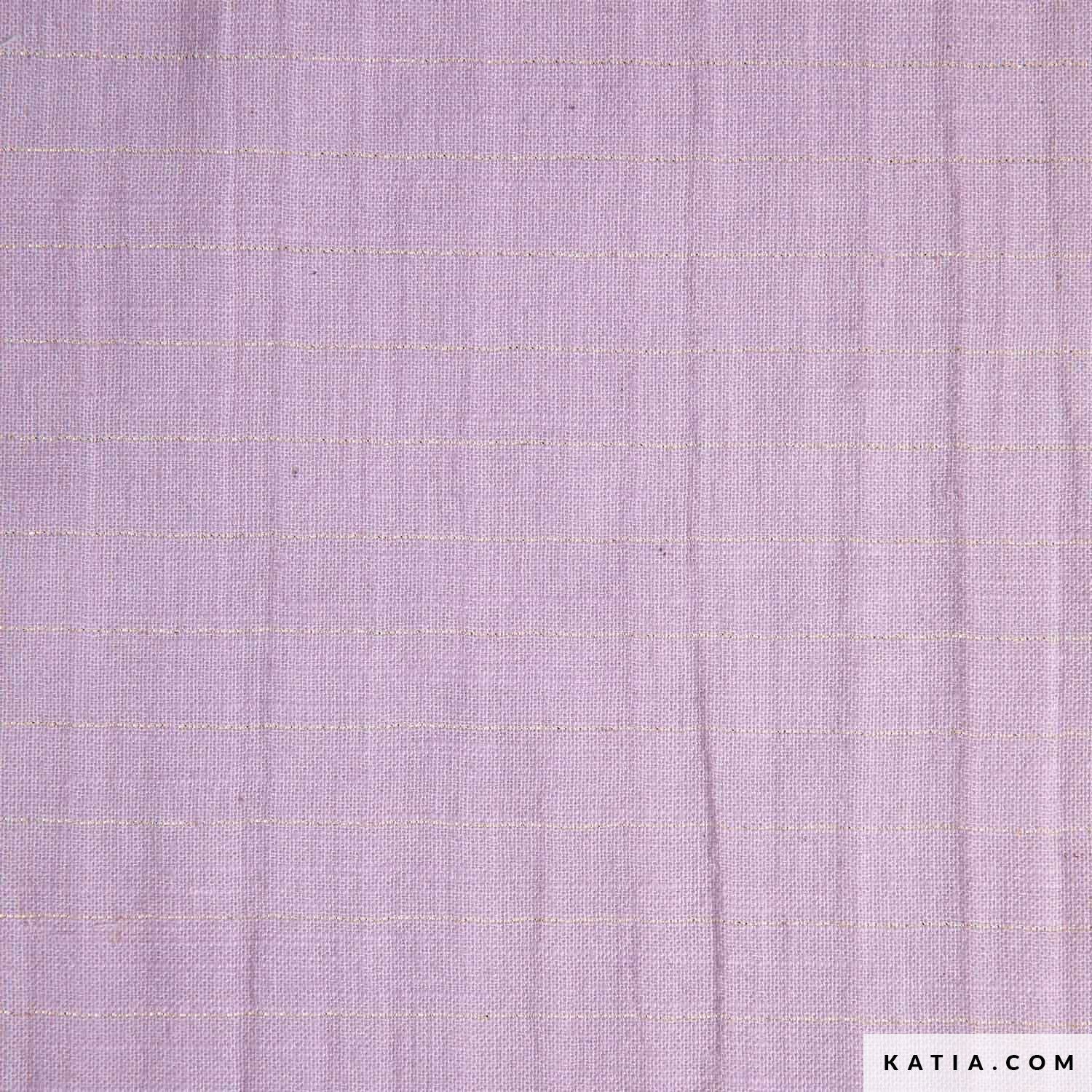 Close up of cotton fabric for sewing garments in lilac with a gold stripe