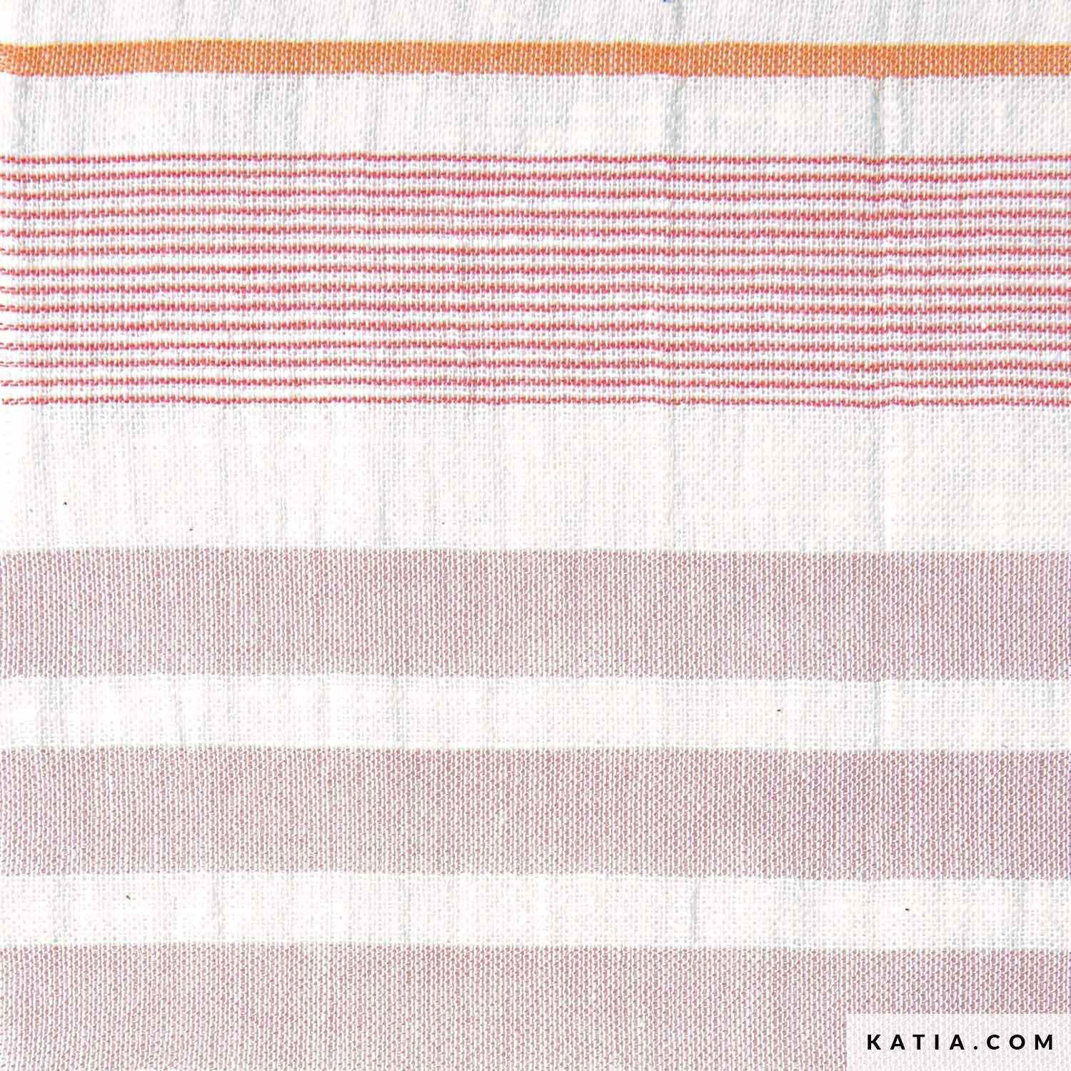 Close up of cotton fabric with pink and orange stripes for sewing and crafting. 