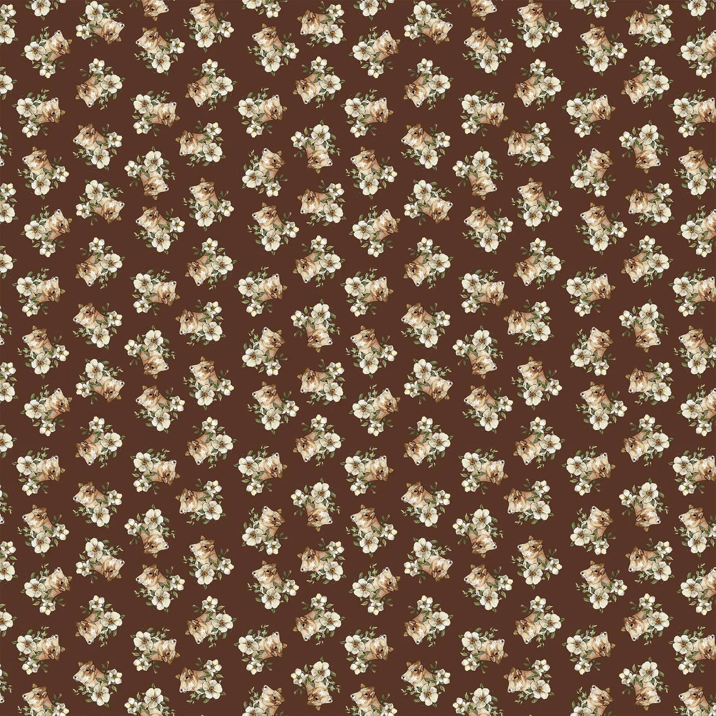 brown colored fabric with cow and flower illustrations.  typically used for quilting and crafting. from Country Side Comforts from FIGO Fabrics 